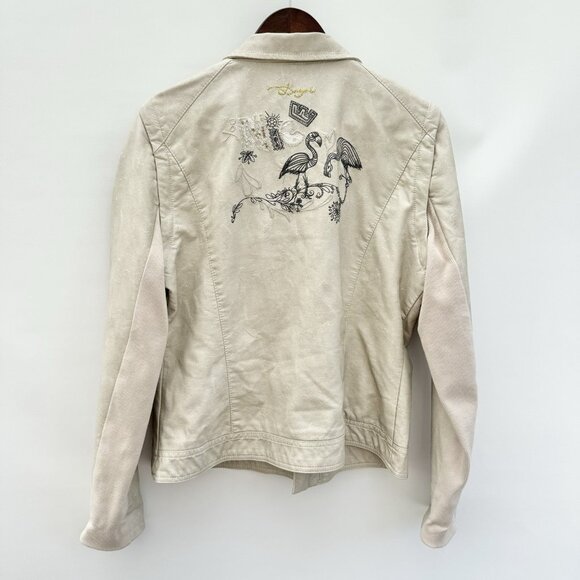 Desigual Faux Leather Biker Jacket Removable Sleeves And Collar Embroidered XL - Picture 2 of 16